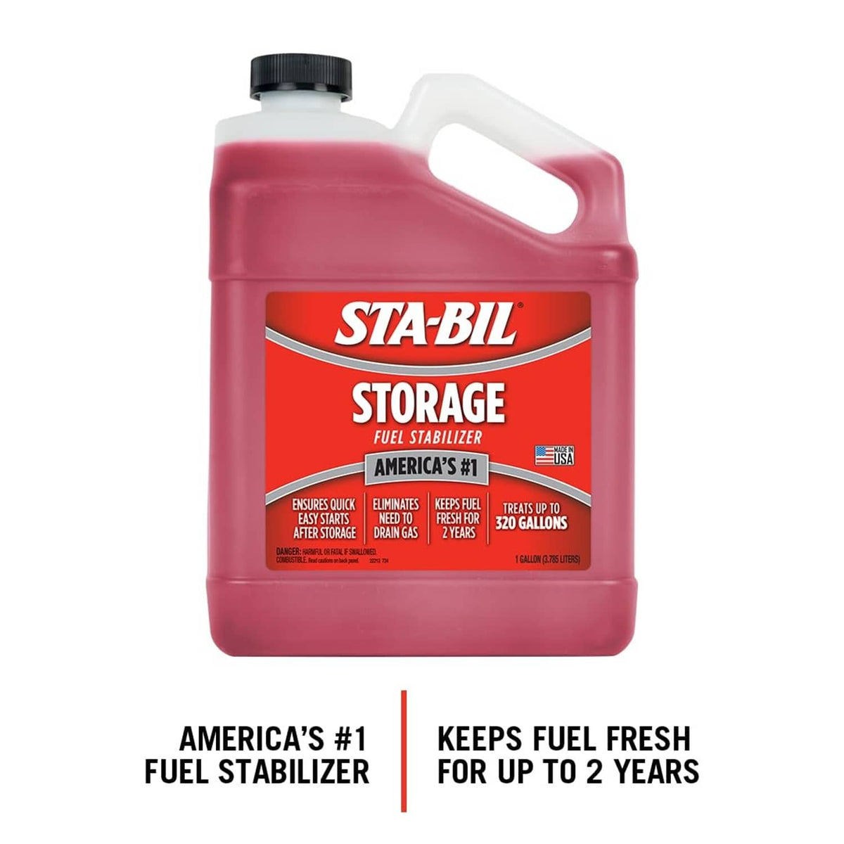 Red fuel stabilizer jug with black cap, front label and molded handle