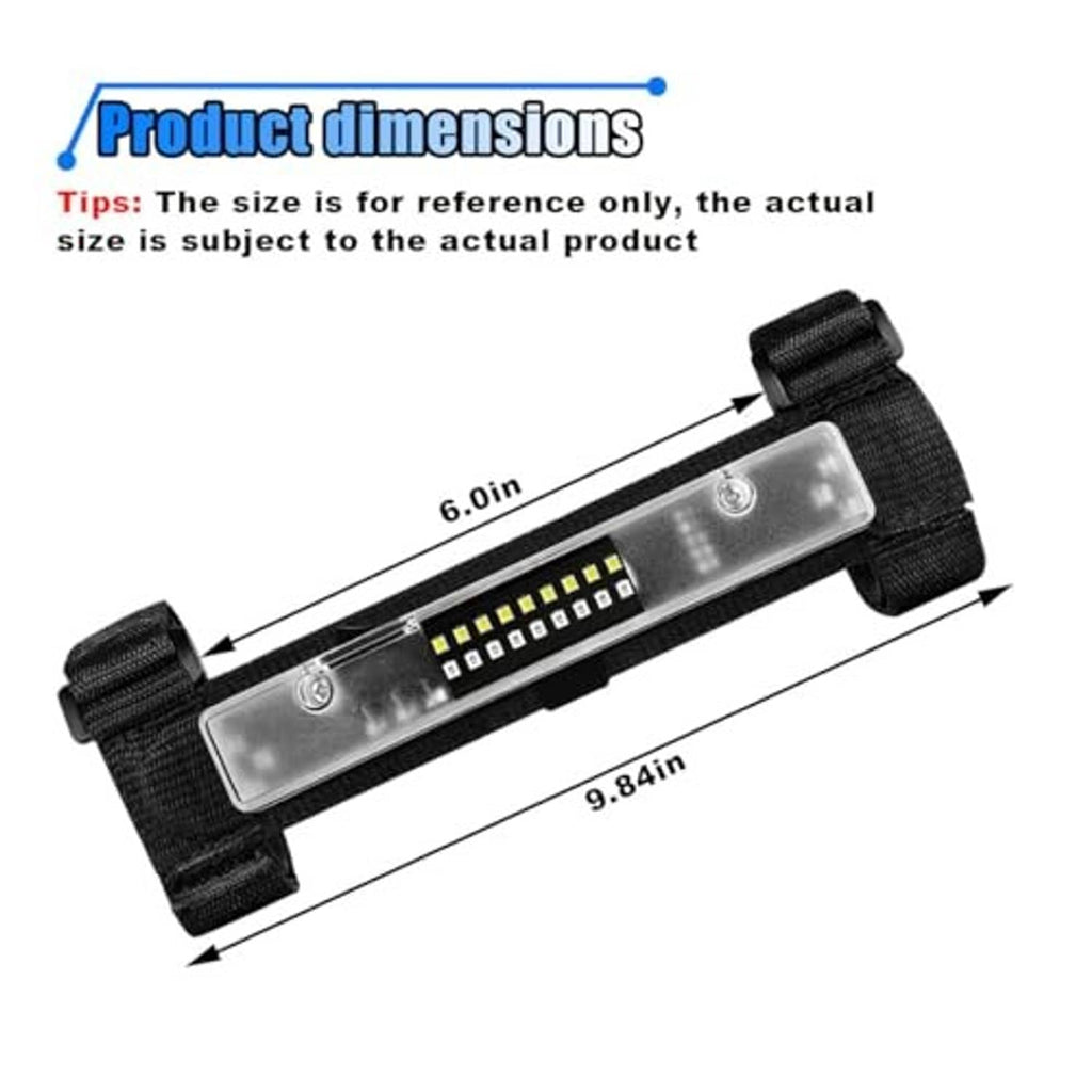 Universal LED light bar with clear lens and black strap mount, size indicated