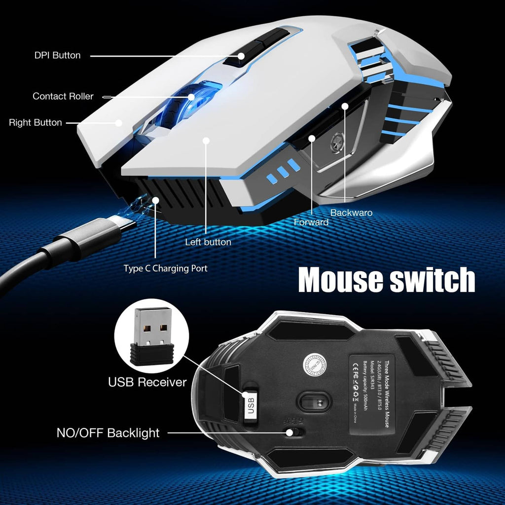 White gaming mouse showing left/right buttons, DPI control, and USB charging port