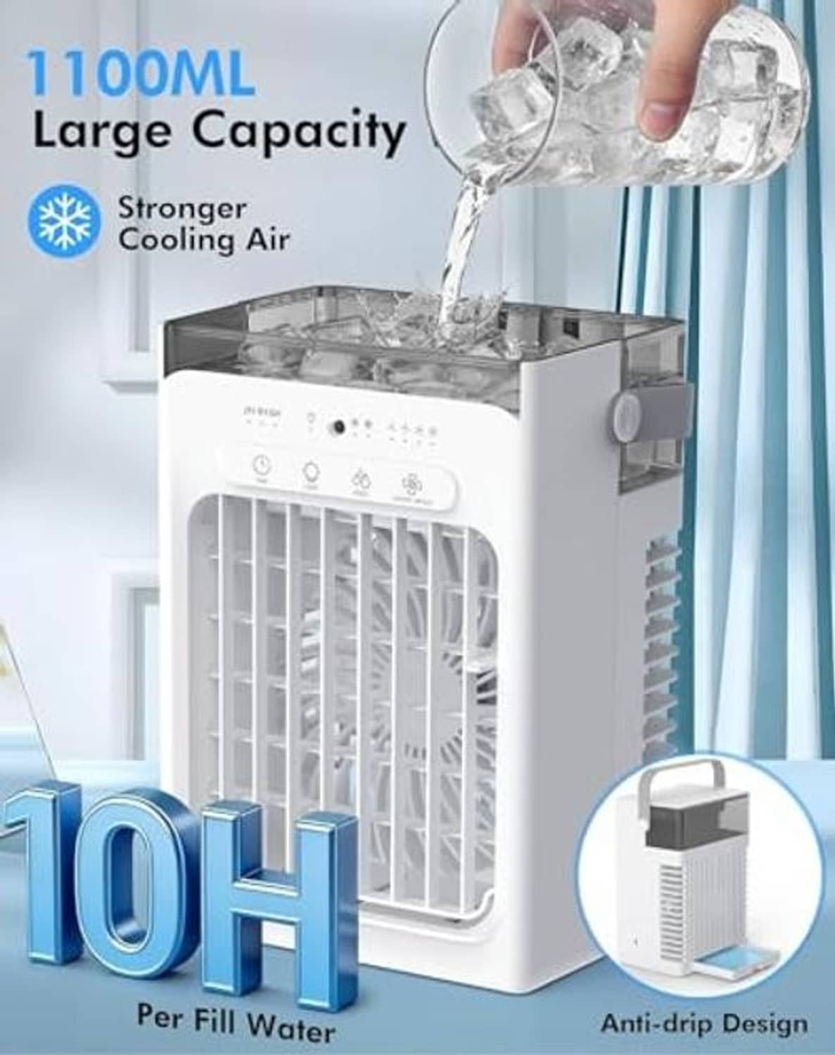 Gray portable evaporative air cooler with top water tank opening and drip-resistant design