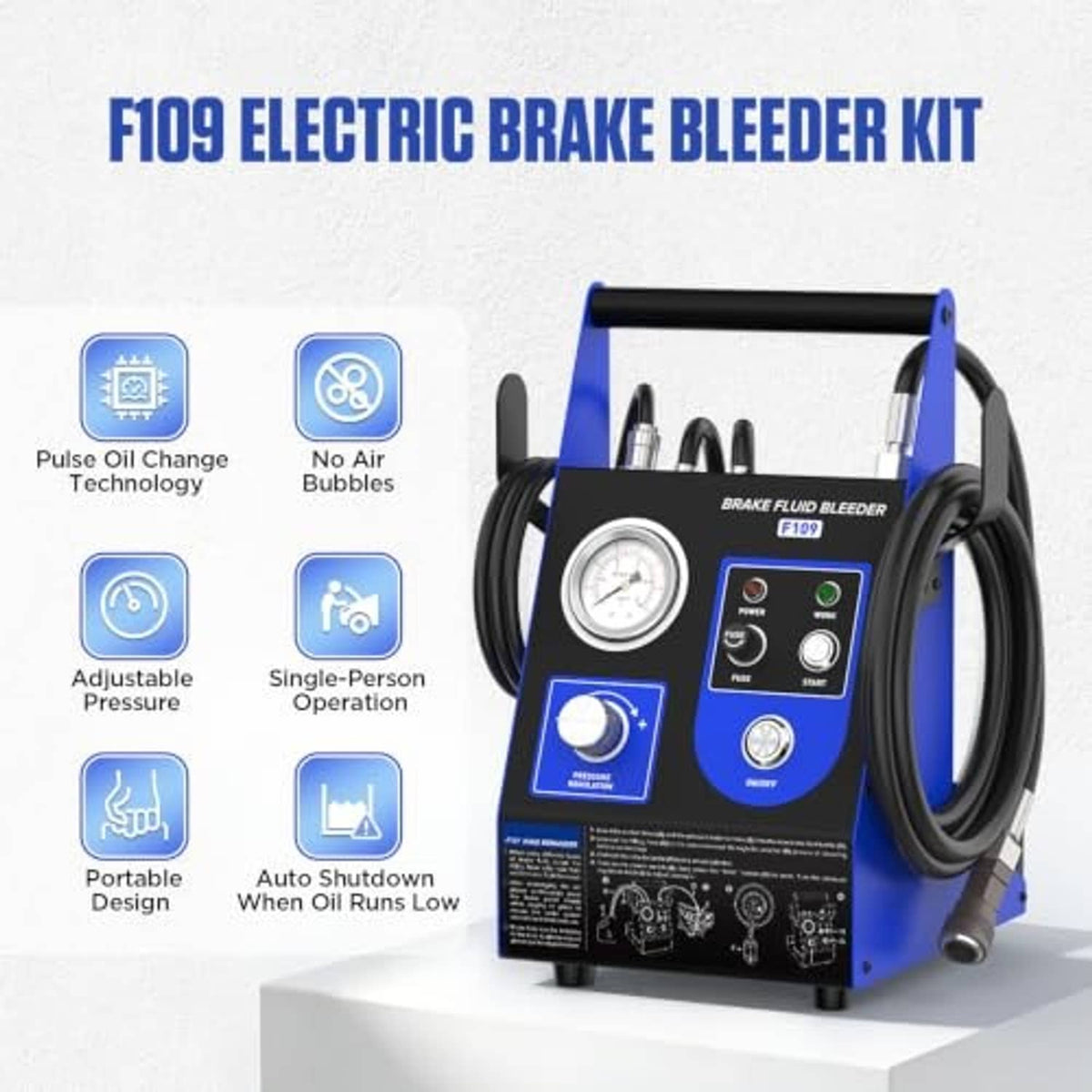 Electric brake bleeder kit on stand with blue control buttons and pressure gauge