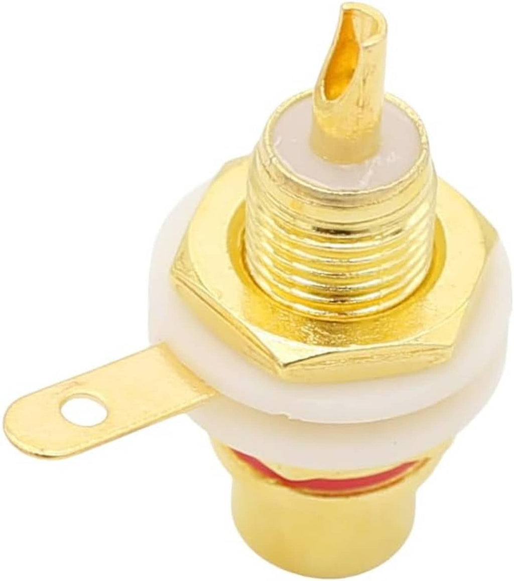 Gold-plated RCA panel-mount socket with white insulator and gold mounting tab, close-up