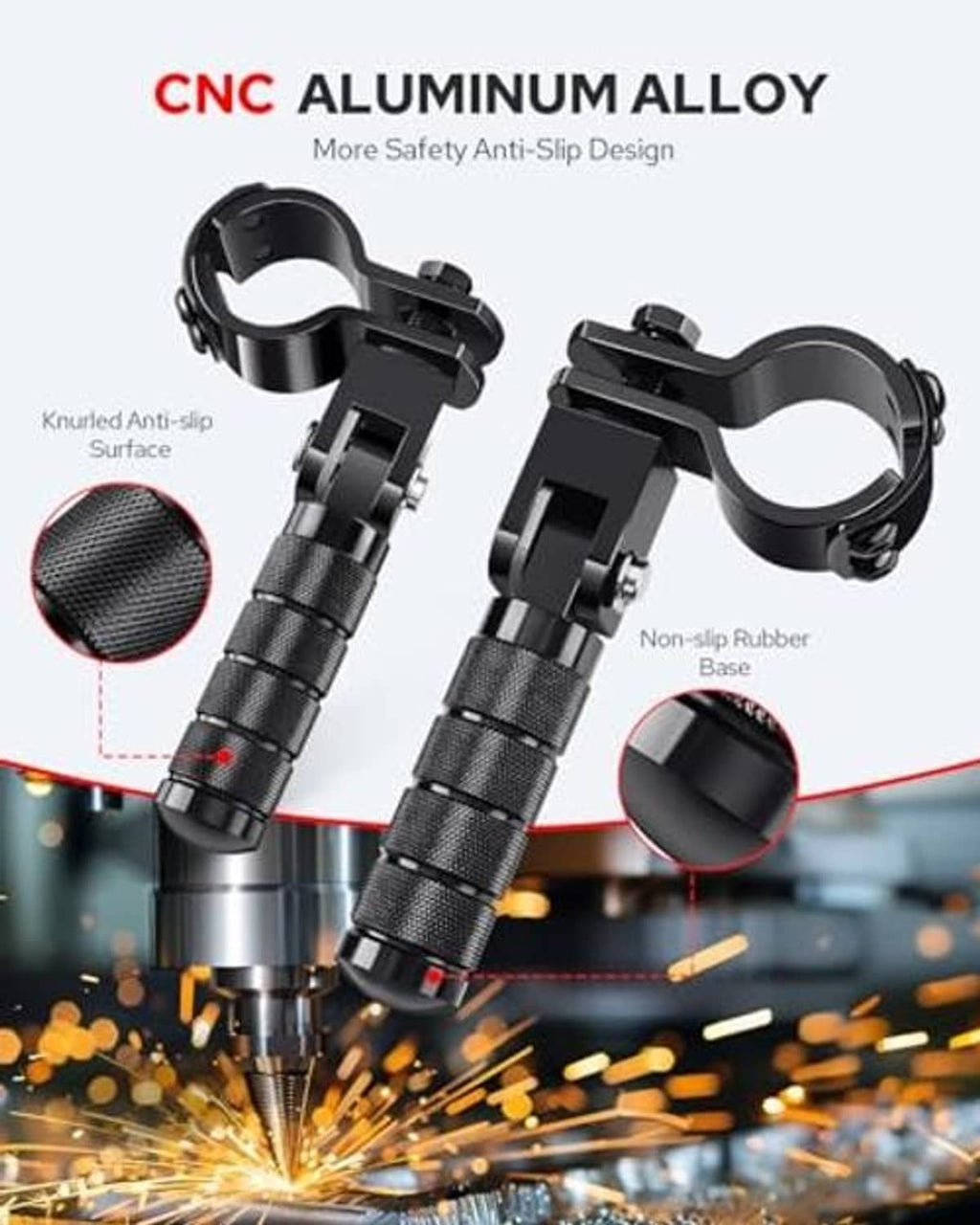Black CNC motorcycle footpegs with knurled grip and non-slip rubber base