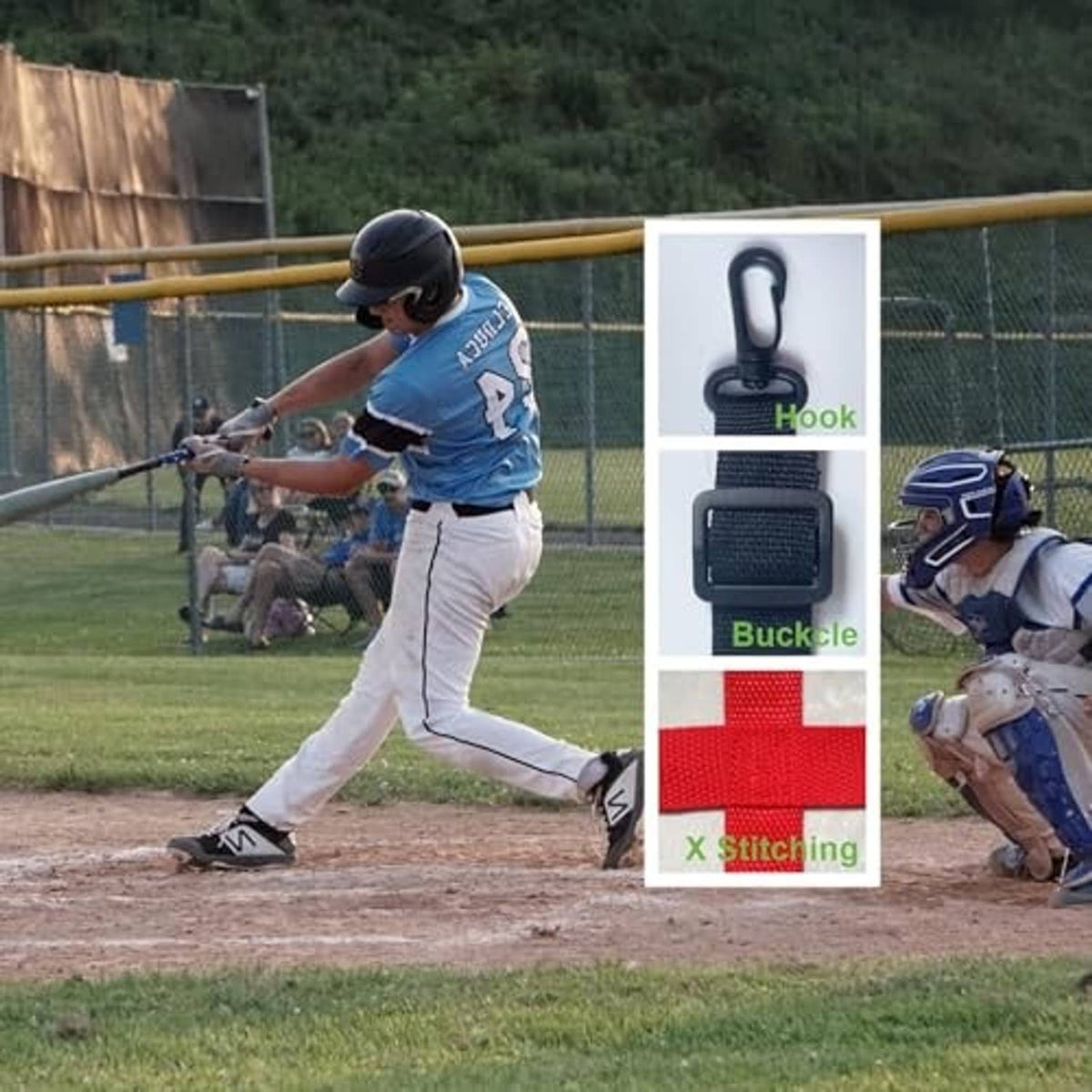 Baseball net strike zone target with hook, buckle, and stitching detail clips