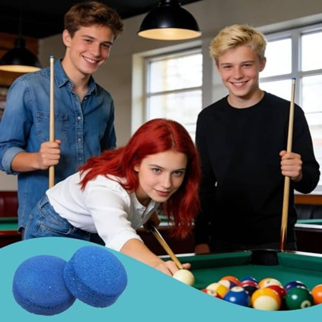 Blue cue tips displayed in the foreground during a billiards game