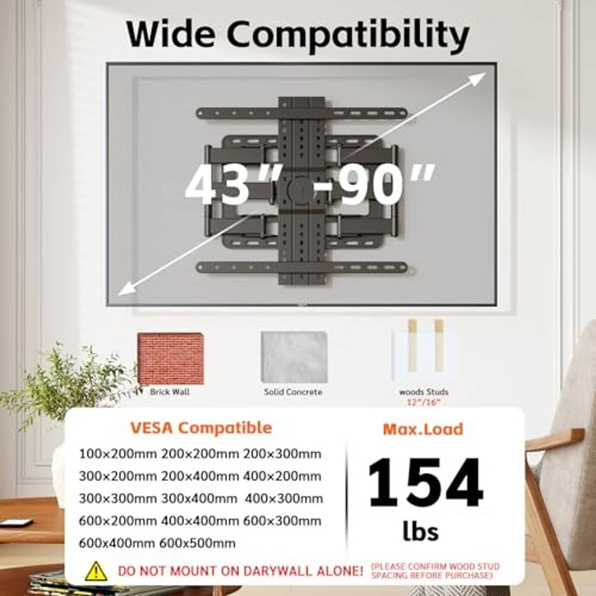 VESA-compatible ultra-slim TV wall mount for 43–90 inch screens