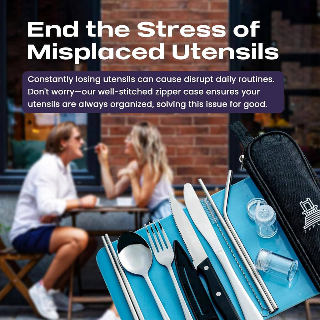 Portable travel utensil set with black zip case, stainless fork, spoon, knife, and straws