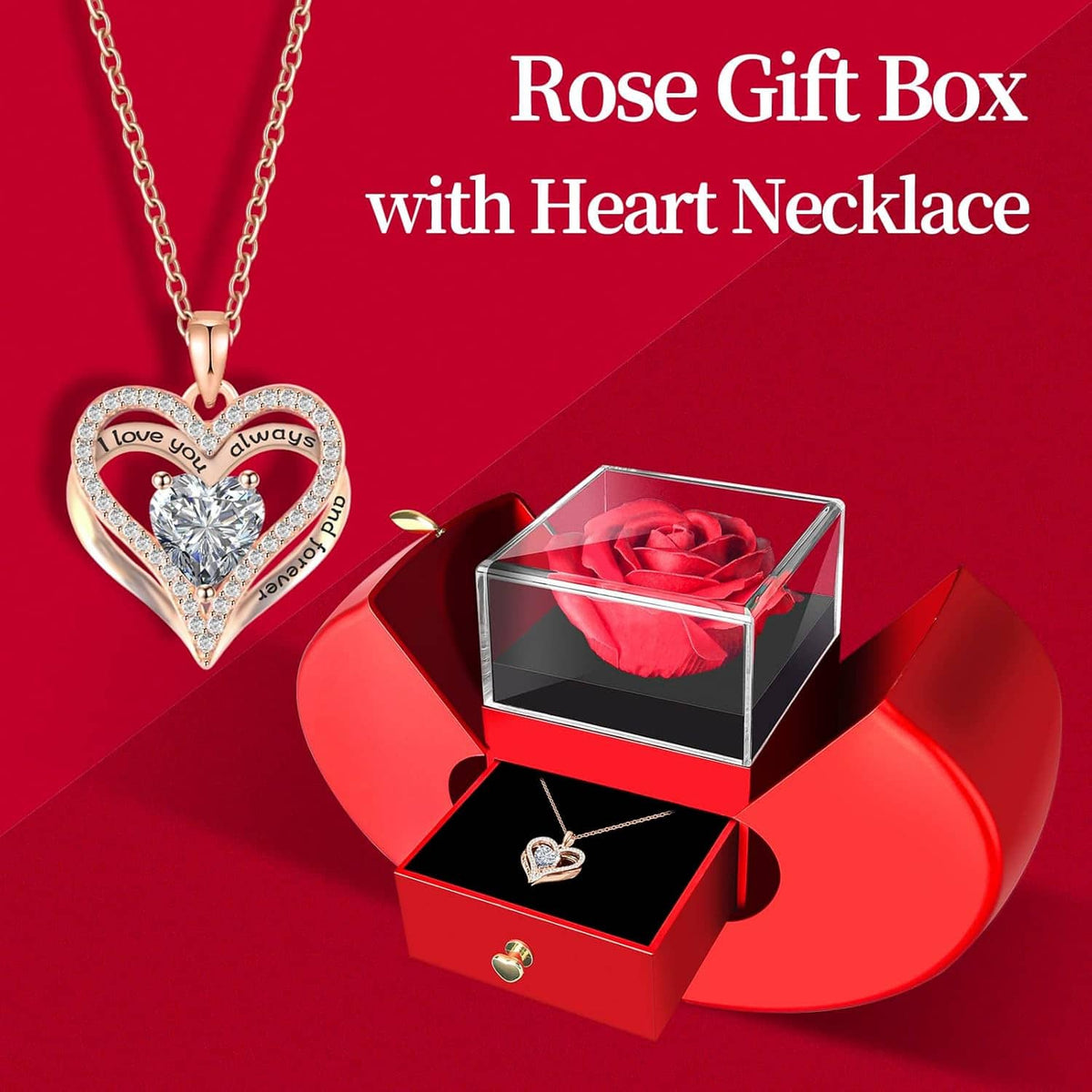 Heart pendant necklace beside preserved red rose in clear gift box with open drawer