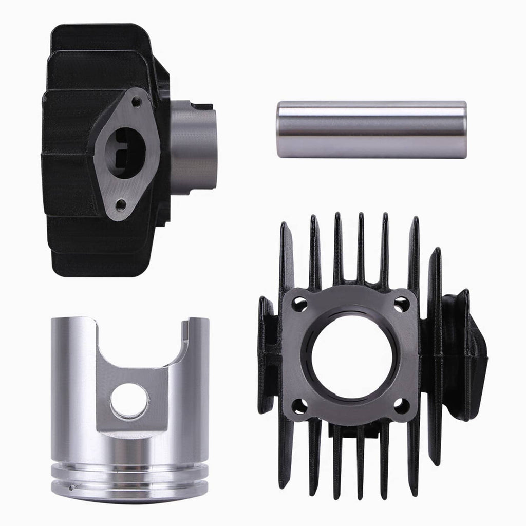 Motorcycle top end kit parts: cylinder, piston, piston pin, and mounting hardware