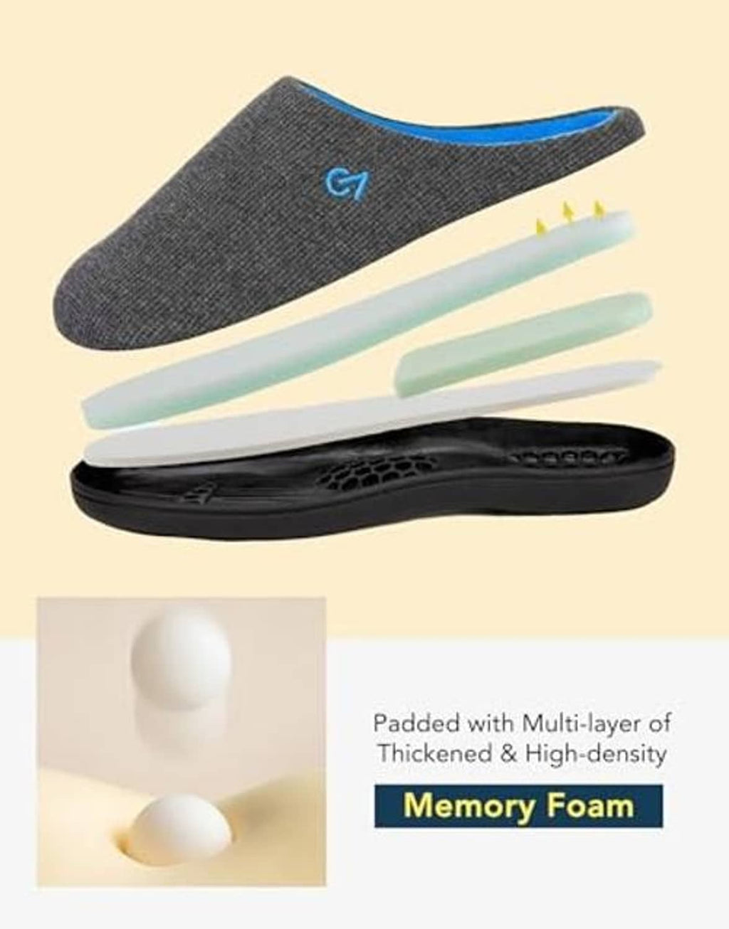 Two-tone dark gray slippers with blue accents and shown memory foam layers