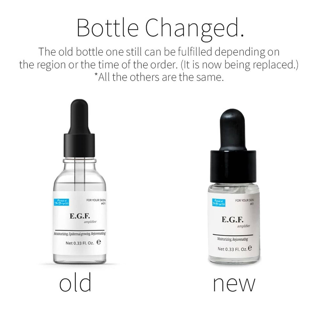 Old and new EGF serum bottles side by side, each with a black dropper cap