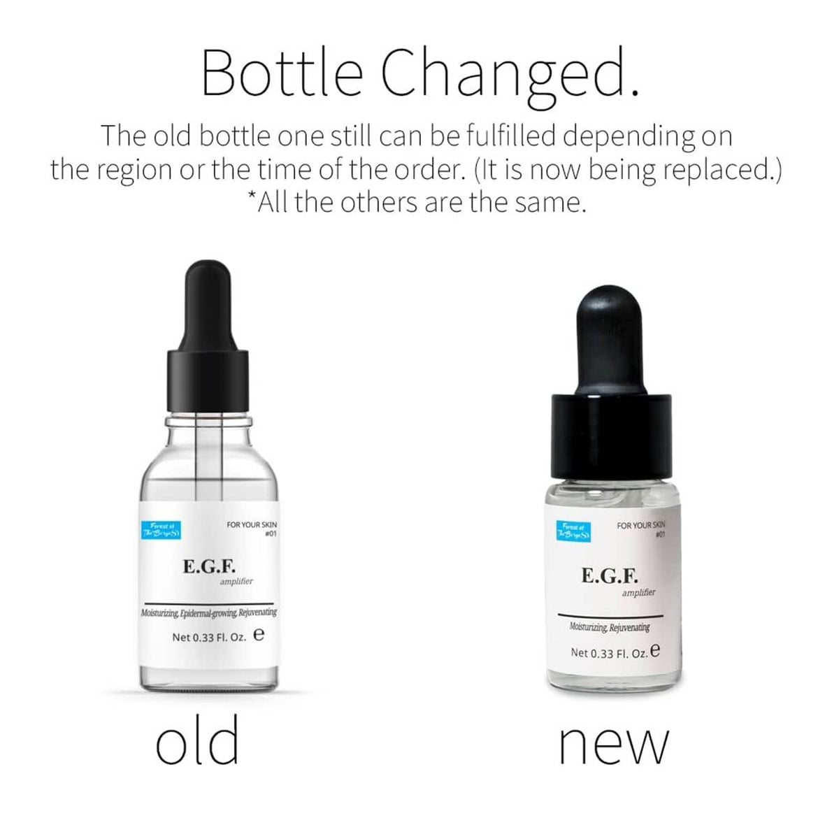 Old and new EGF serum bottles side by side, each with a black dropper cap
