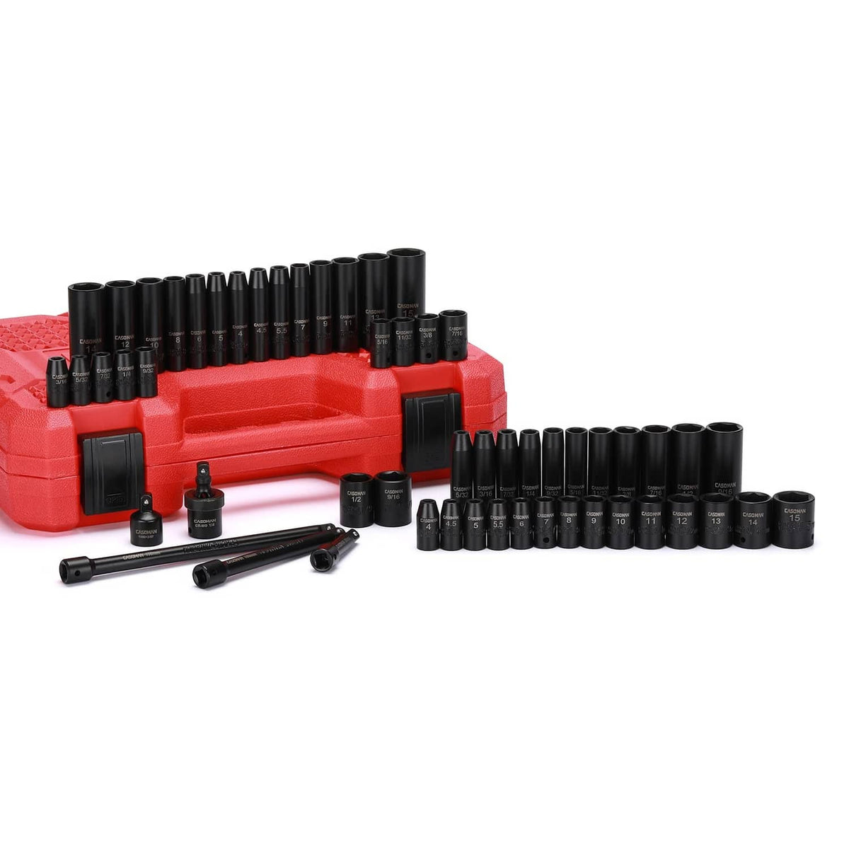 Impact socket set with many black sockets arranged in a red molded case