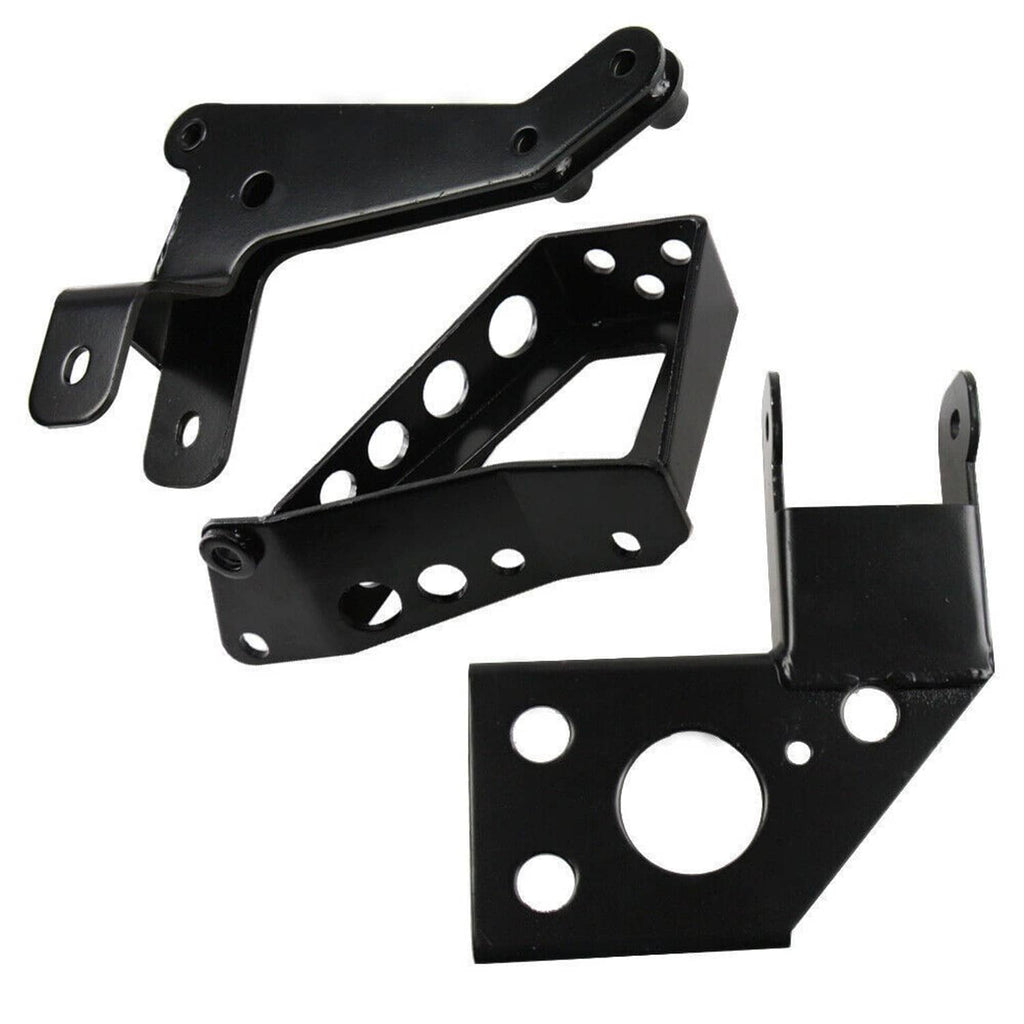 Black engine mount bracket with bushing mounts and slotted brace plate
