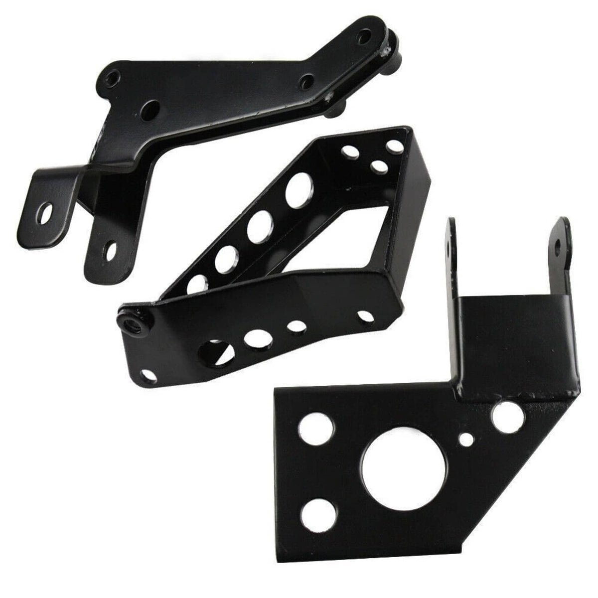 Black engine mount bracket with bushing mounts and slotted brace plate