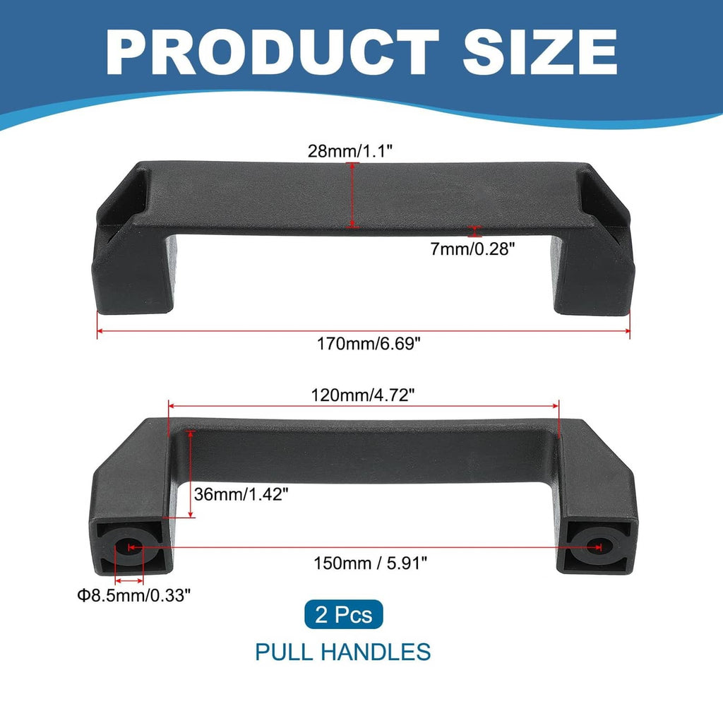 Black plastic pull handle, 150mm hole centers; dimension layout for 2 pieces