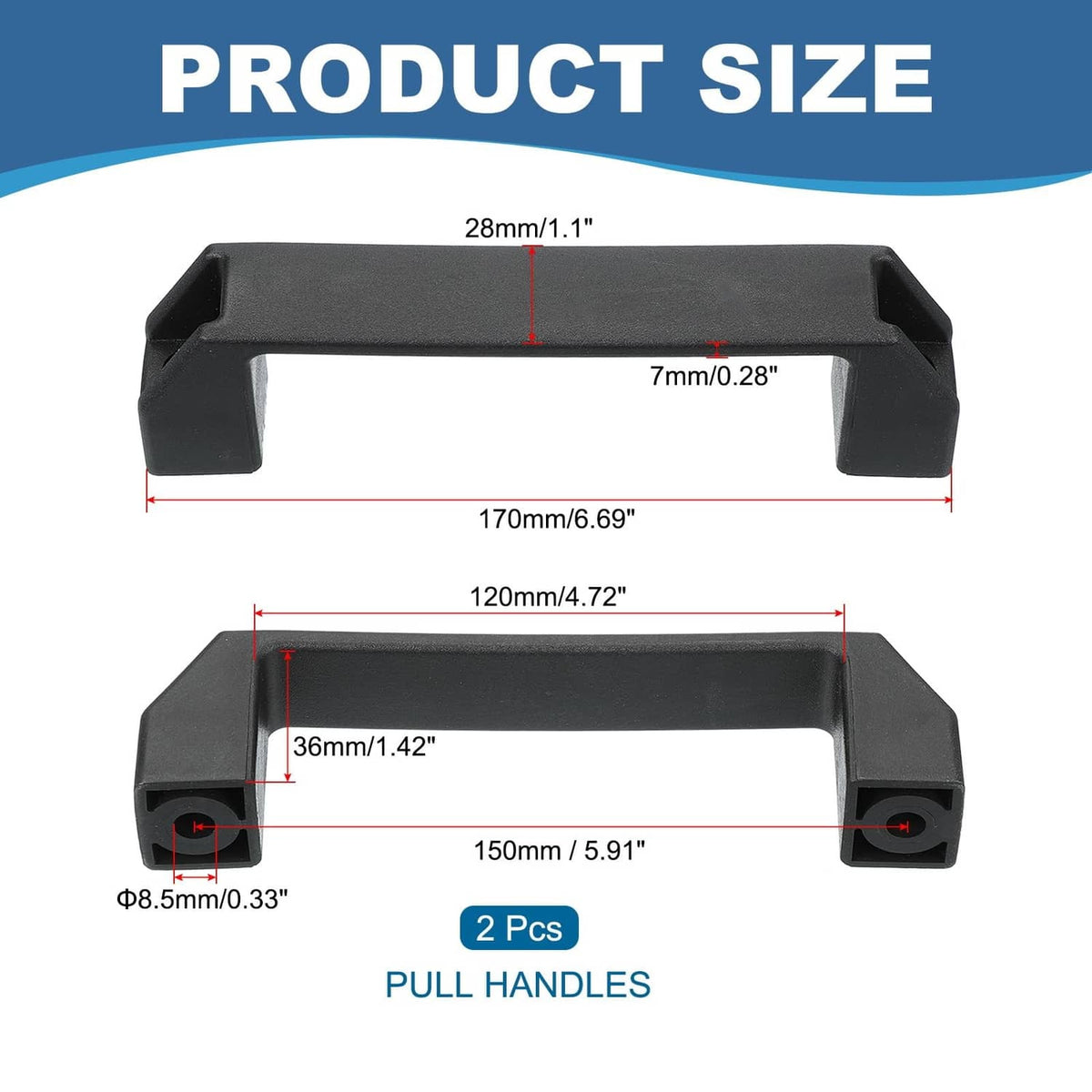 Black plastic pull handle, 150mm hole centers; dimension layout for 2 pieces