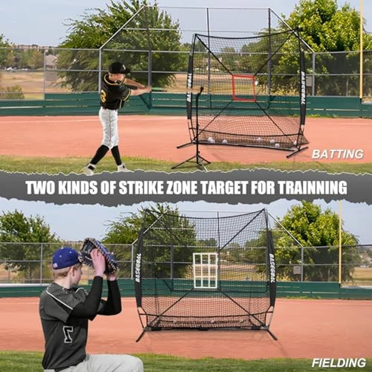 Baseball batting practice net with black frame and target strike zones, outdoors