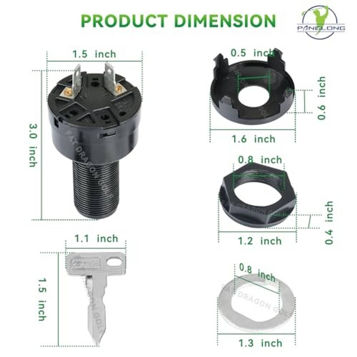 Black ignition switch size diagram with key and key cylinder housing