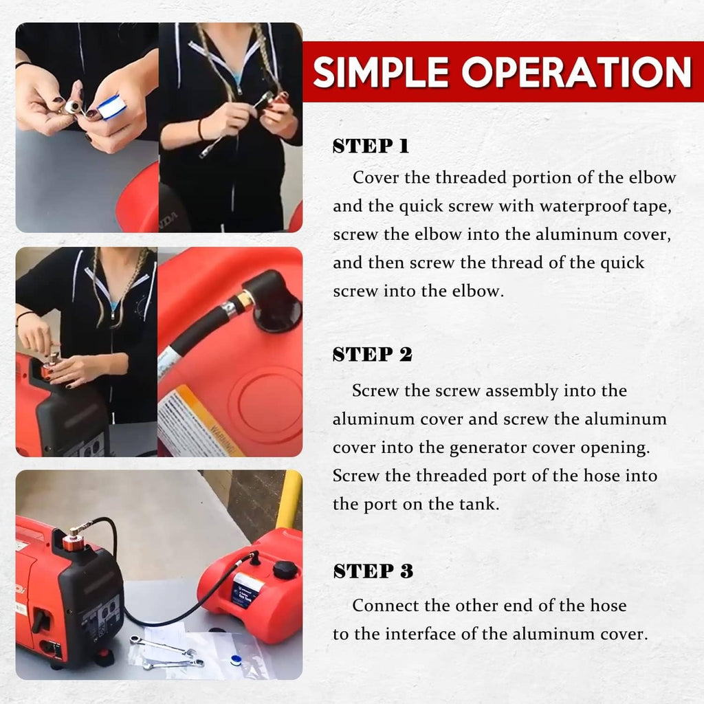 Fuel hose clam kit with fittings shown alongside simple installation step photos