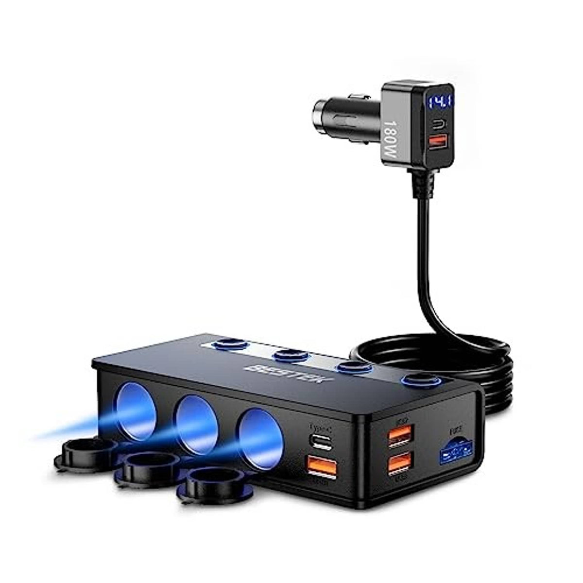 Black car charging splitter with plug adapter, multiple outlets, and blue LED indicator.