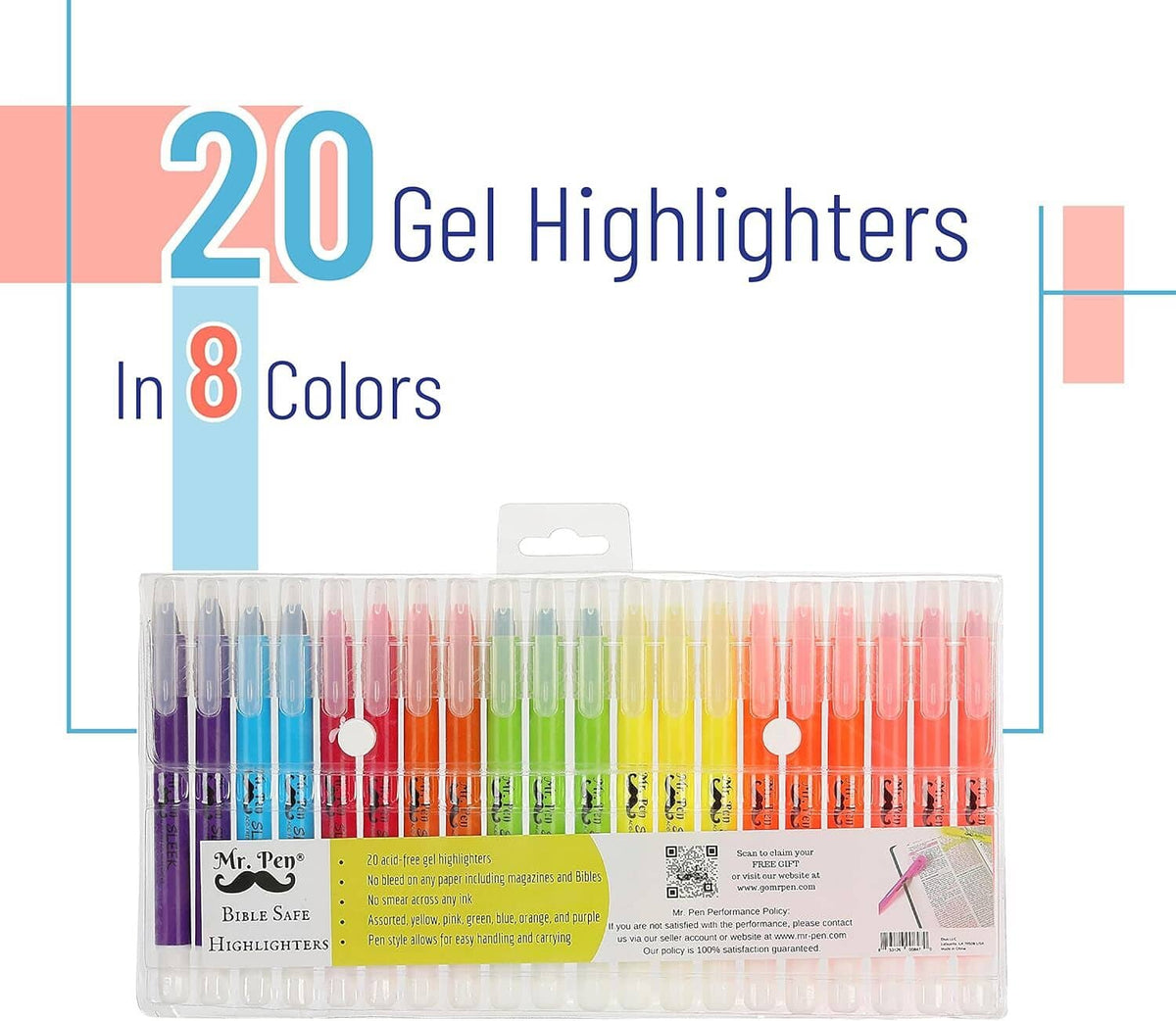 Boxed 20-pack gel highlighters in 8 colors, twist-up pens in clear tray