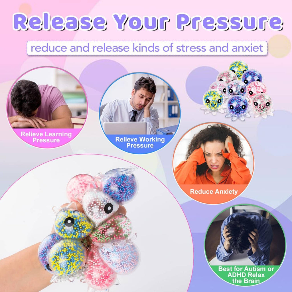 Colorful octopus stress balls in a hand, promoting pressure relief