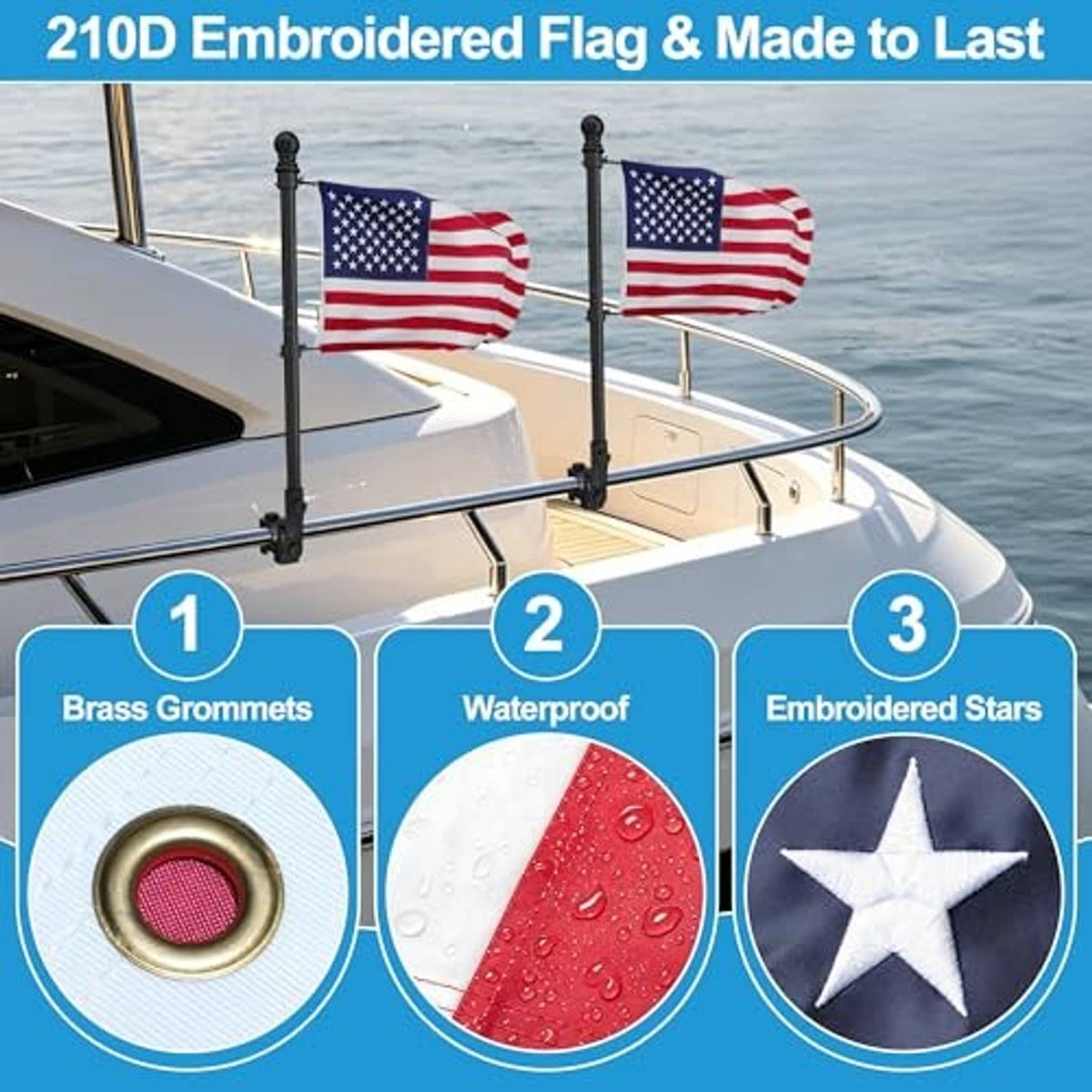 US embroidered flag on a marine flag pole with brass grommets