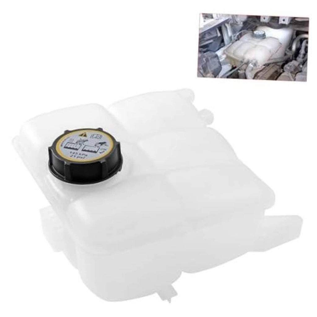 White engine coolant expansion reservoir tank with black cap, plastic