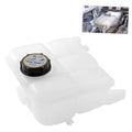 White engine coolant expansion reservoir tank with black cap, plastic
