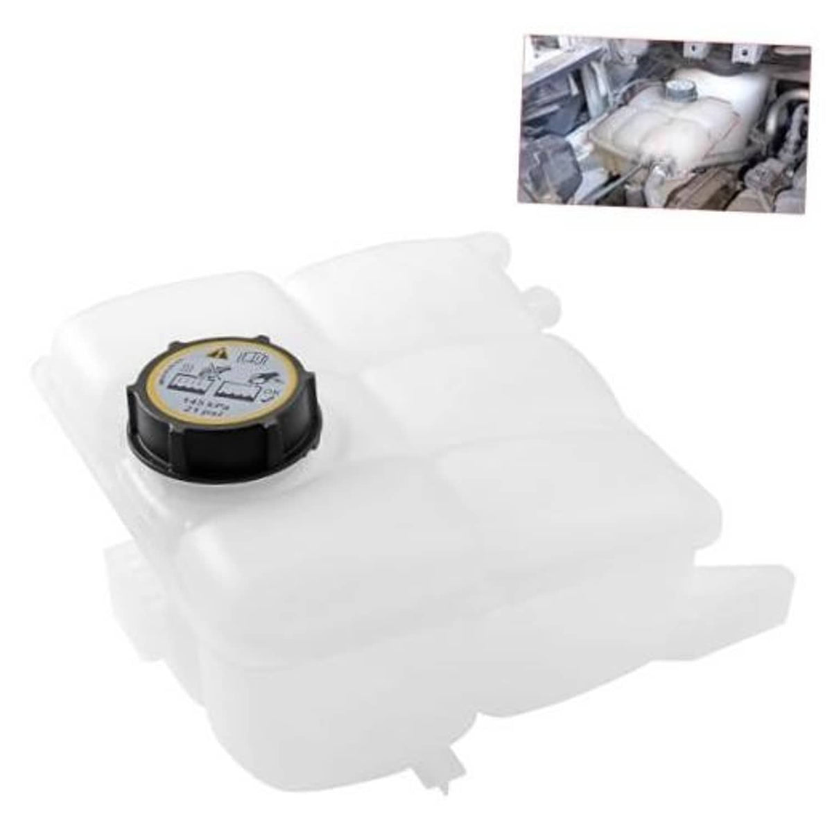 White engine coolant expansion reservoir tank with black cap, plastic