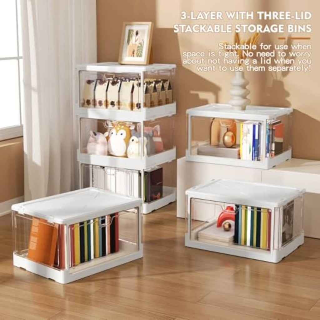 Set of white collapsible storage bins with lids, stacked for organizing items
