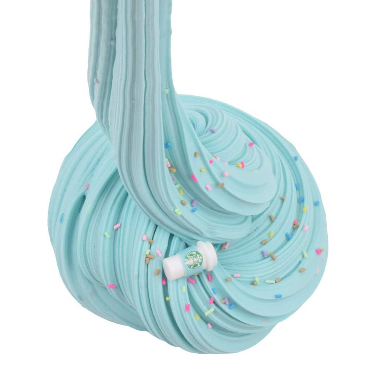 Light blue slime pull with white cup charm and multicolor sprinkles embedded