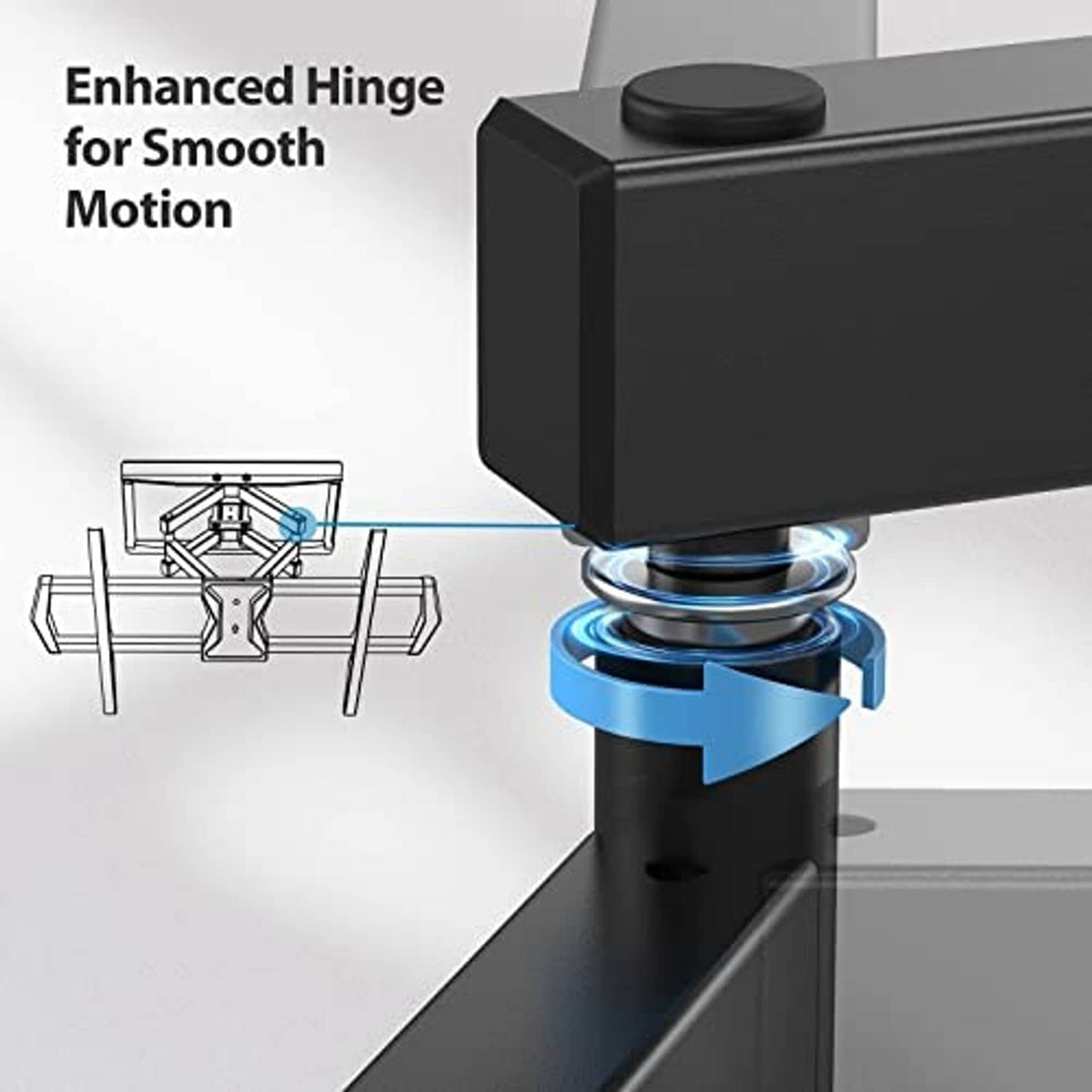 Black hinge section of full-motion TV wall mount with smooth rotating mechanism
