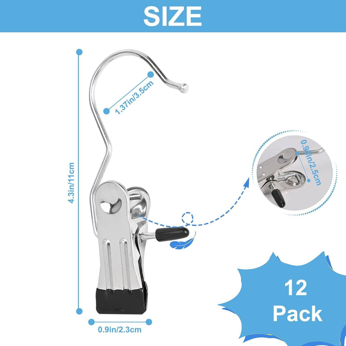 Boot hanger clip with measurement guide and 12-pack label, chrome and black base