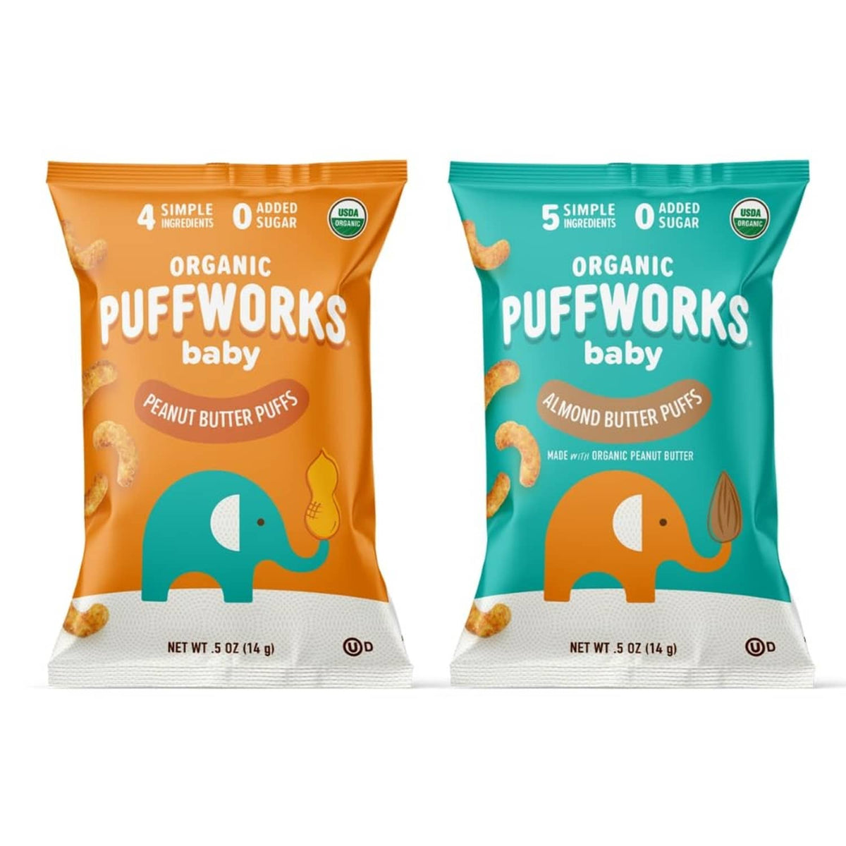 Organic baby nut butter puff snack bags, peanut butter and almond butter varieties (2-pack)