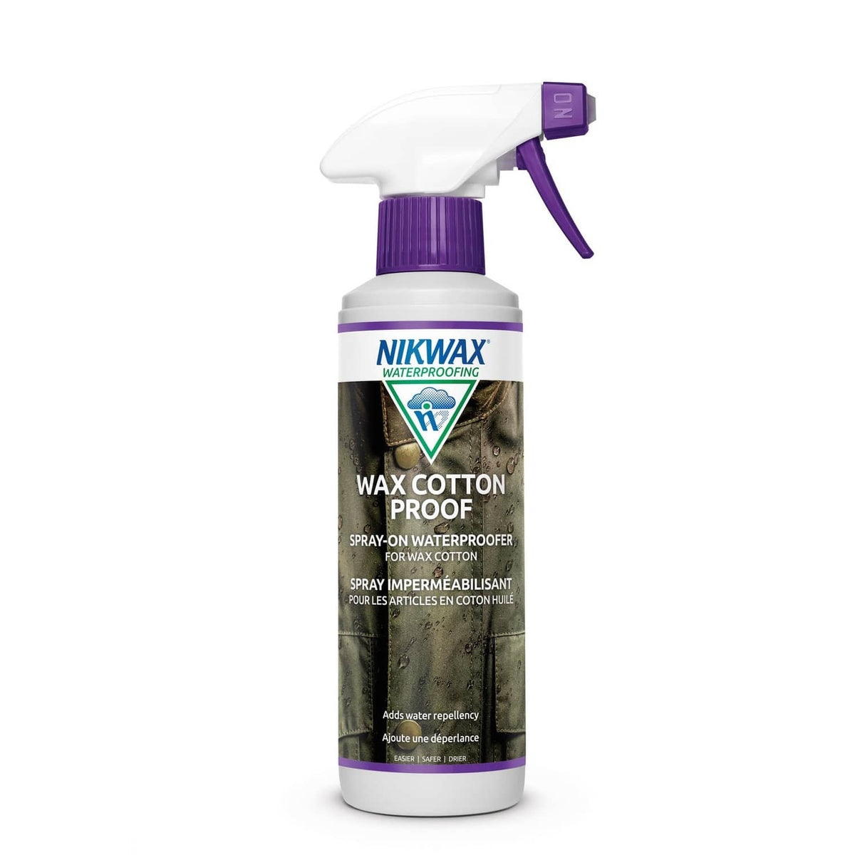 Nikwax Wax Cotton Proof spray-on waterproofing in purple trigger bottle, front label view