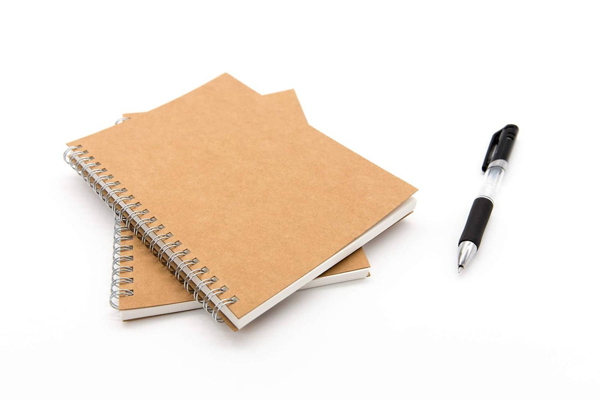 2-pack kraft brown spiral sketch notebooks with wire binding and blank inner pages.