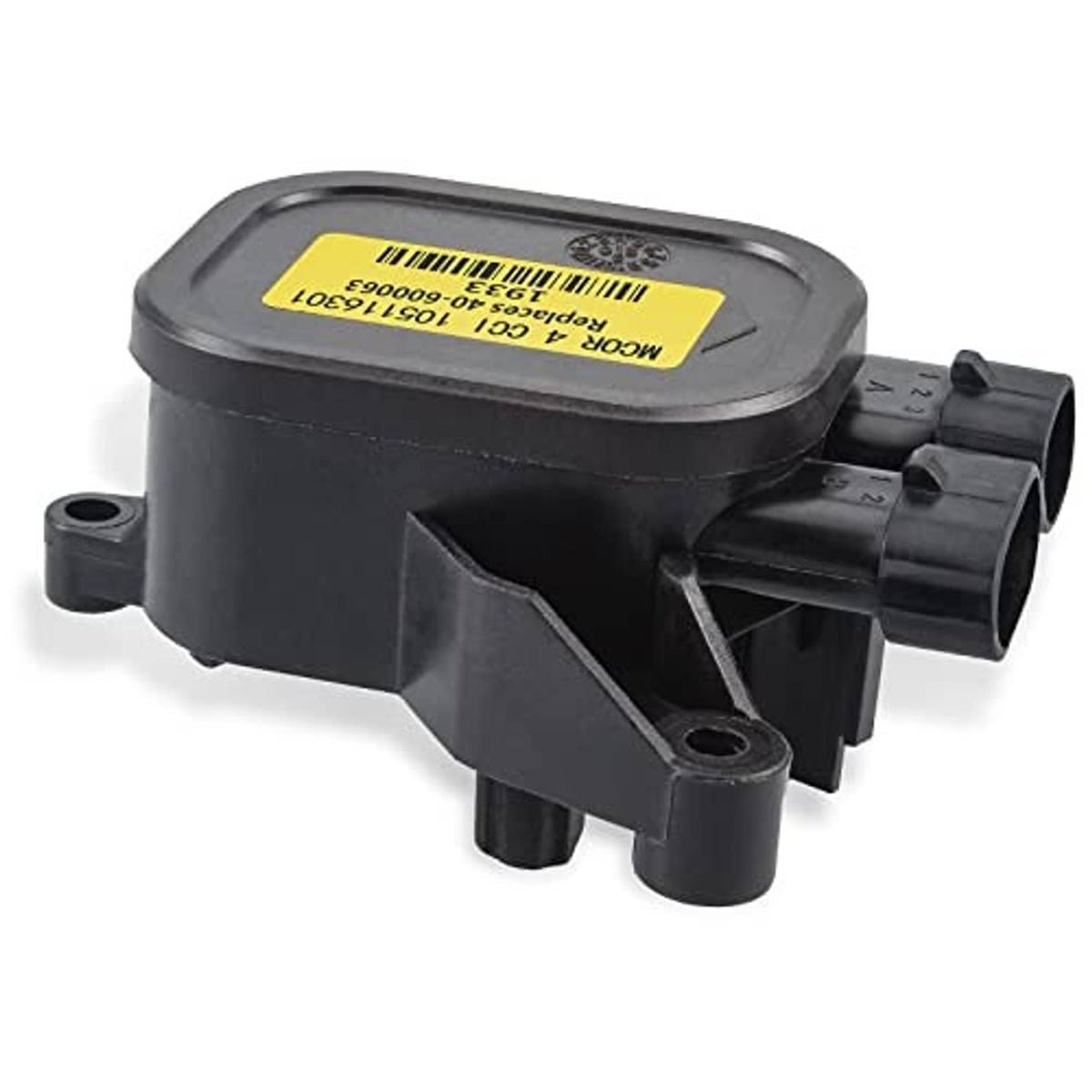 Black throttle potentiometer underside with yellow label and outlet ports