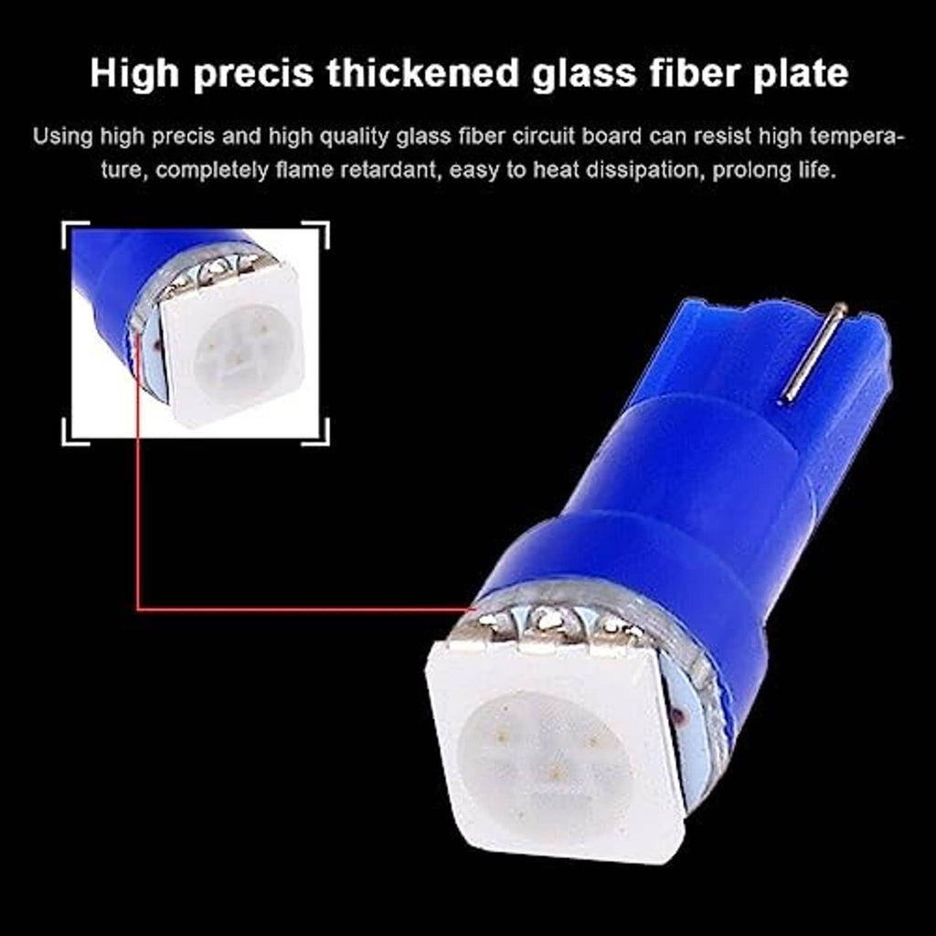 Blue T5 LED wedge bulb close-up, clear white lens and metal contact base