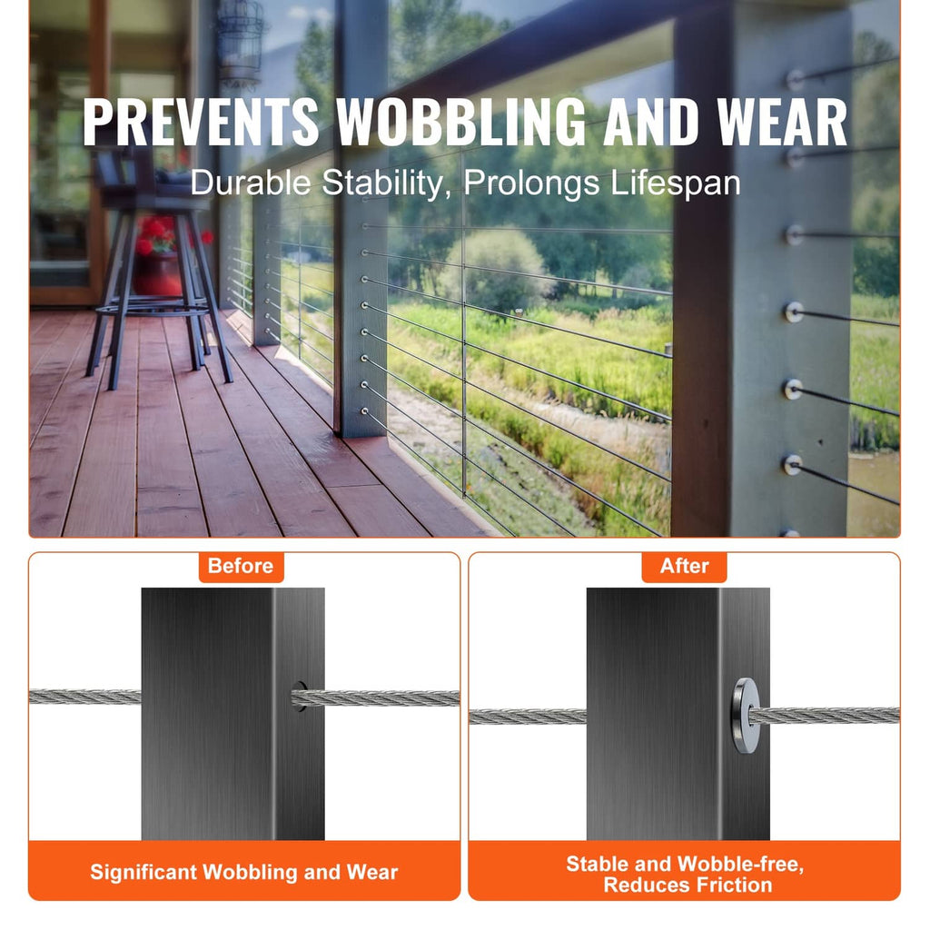 Stainless steel wire rope protector sleeves for posts, before-and-after stability infographic