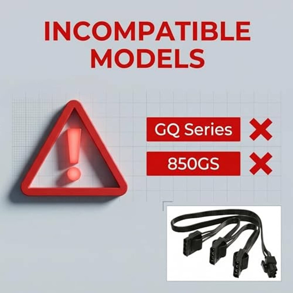 Adapter cable shown with an incompatible-models warning graphic