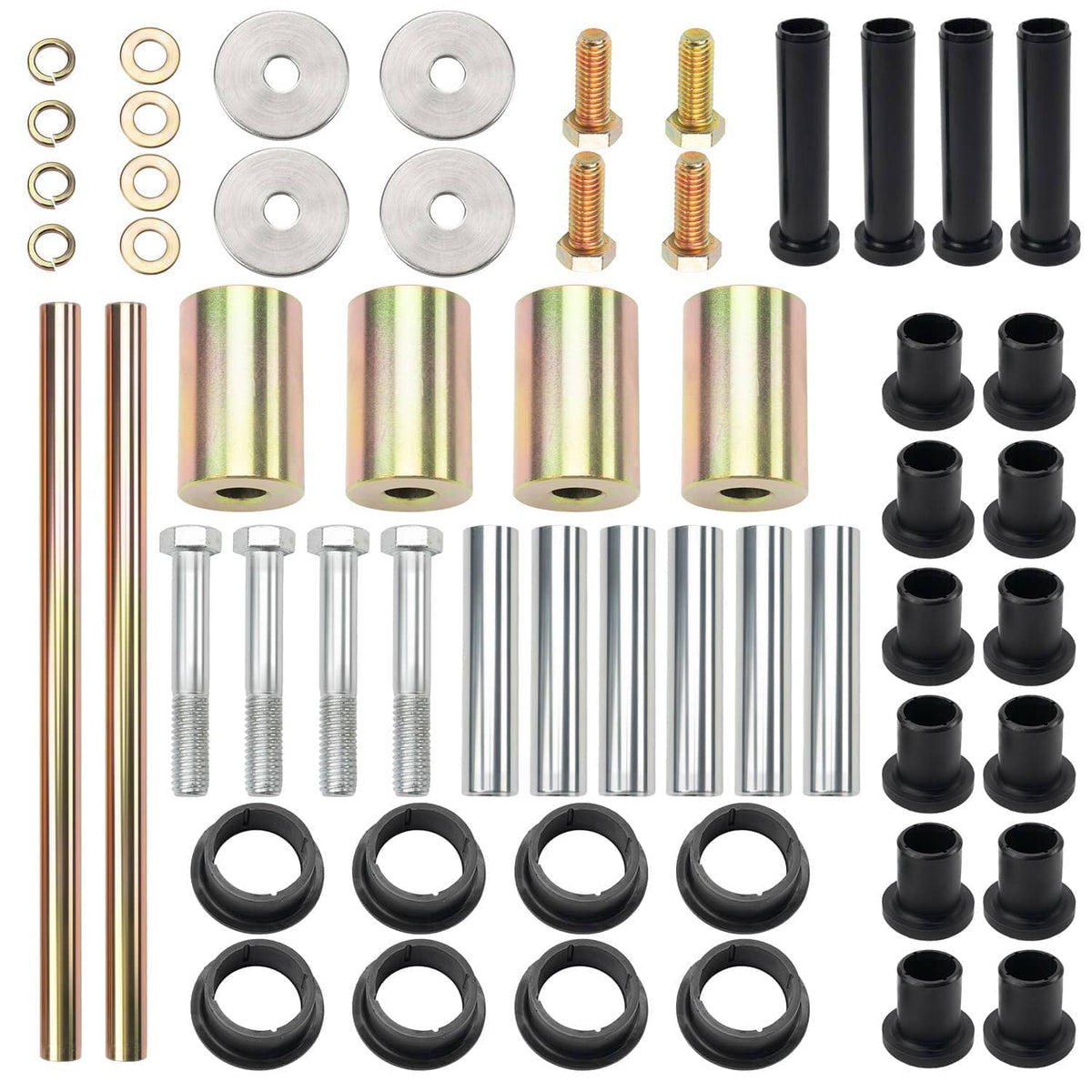 Rear A-Arm bushing shaft bolt kit with bushings, shaft sleeves, bolts, and washers