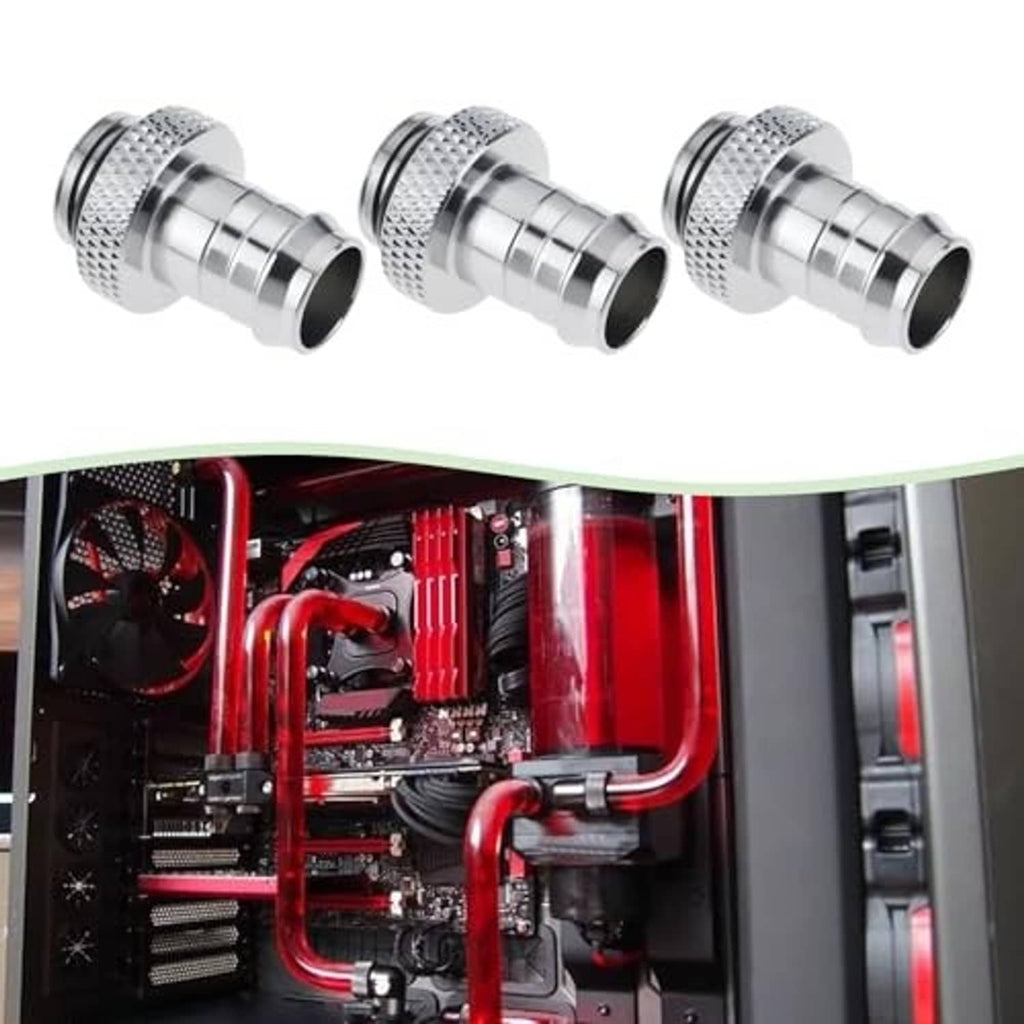 Three silver threaded hose barb connectors angled view with knurled texture grips