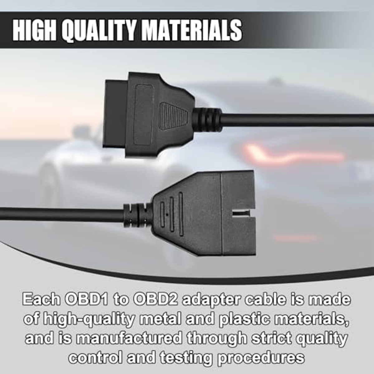 OBD adapter cable ends close up, black plugs with metal-and-plastic housings
