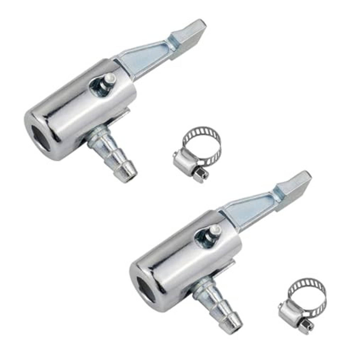 Pair of metal lock-on tire inflator chucks with hose connection and clamp ring