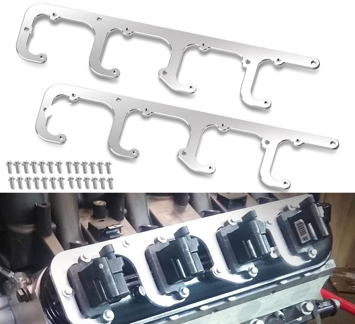 Square coil bracket set with hardware, silver metal plates with U-shaped mounts