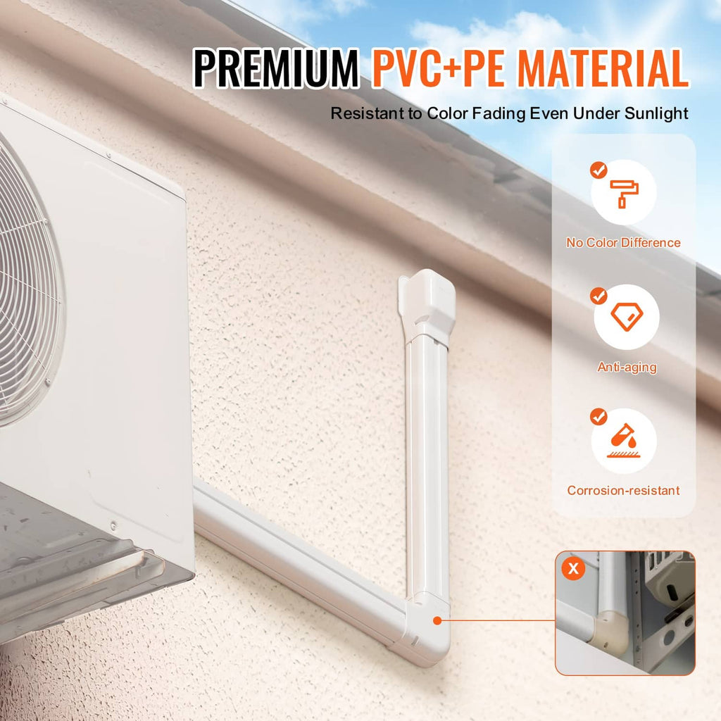 Installed white PVC line set cover with straight section and corner elbow on exterior wall