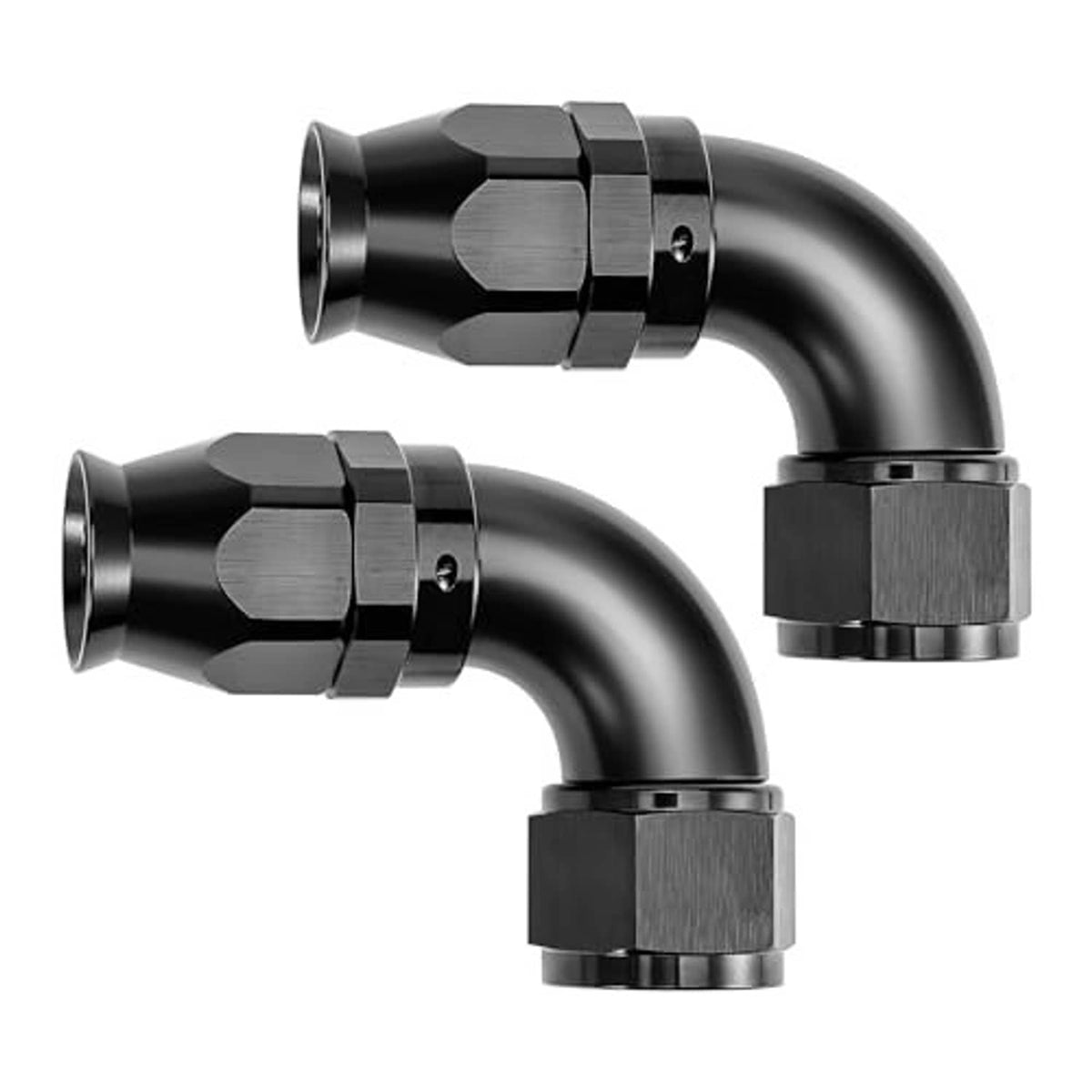 Pair of black 90-degree AN hose fittings with hex couplers and angled elbow connections