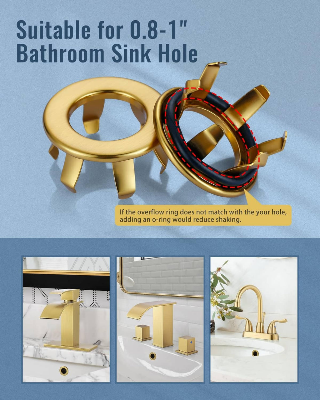 Brushed gold sink overflow ring for 0.8–1 in sink holes, with mounting tabs